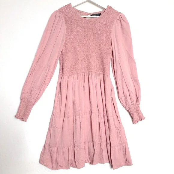 Meroketty Mini Dress Womens S Pink Smocked Tiered‎ Long Sleeve NWoT Flowy - Picture 9 of 13